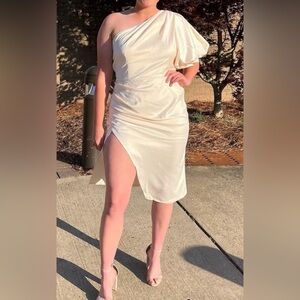 Boohoo Cream One-Shoulder Dress with Slit